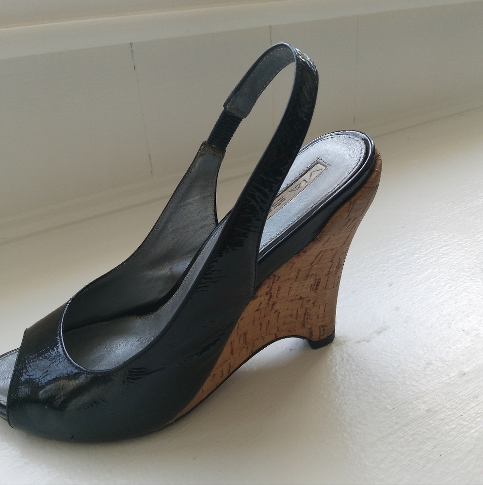 Via Spiga Black Patent Peep Toe Cork Wedges Size 5.5 4.75" heel - Picture 5 of 8